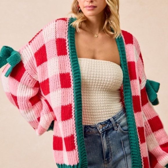 Bibi Buffalo Plaid Bow Detail Open Front Loose Fit Cardigan - Picture 6 of 6